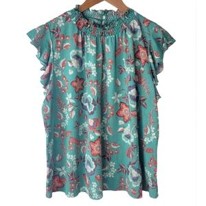Melloday Women's Green Floral Cap Sleeve Ruffle Blouse XL Whimsical Cottagecore